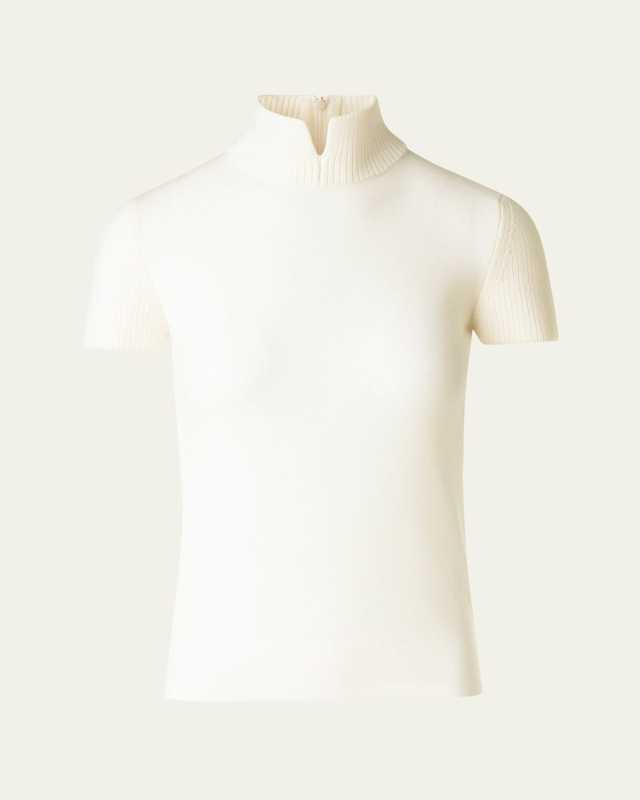 Slit Mock-Neck Short-Sleeve Sweater